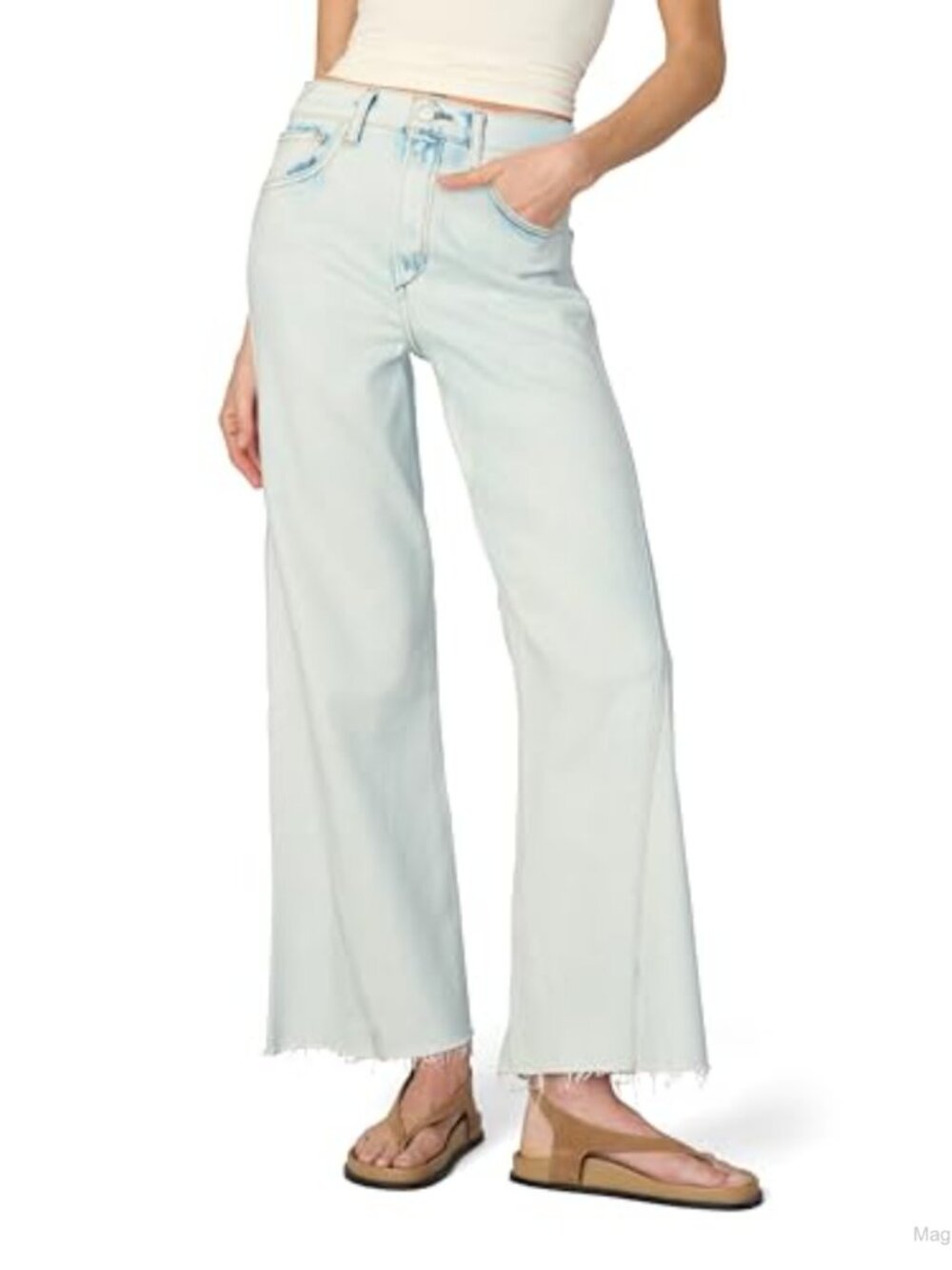 High Rise Wide Leg Ankle Jeans Stretch Denim Cut Hem